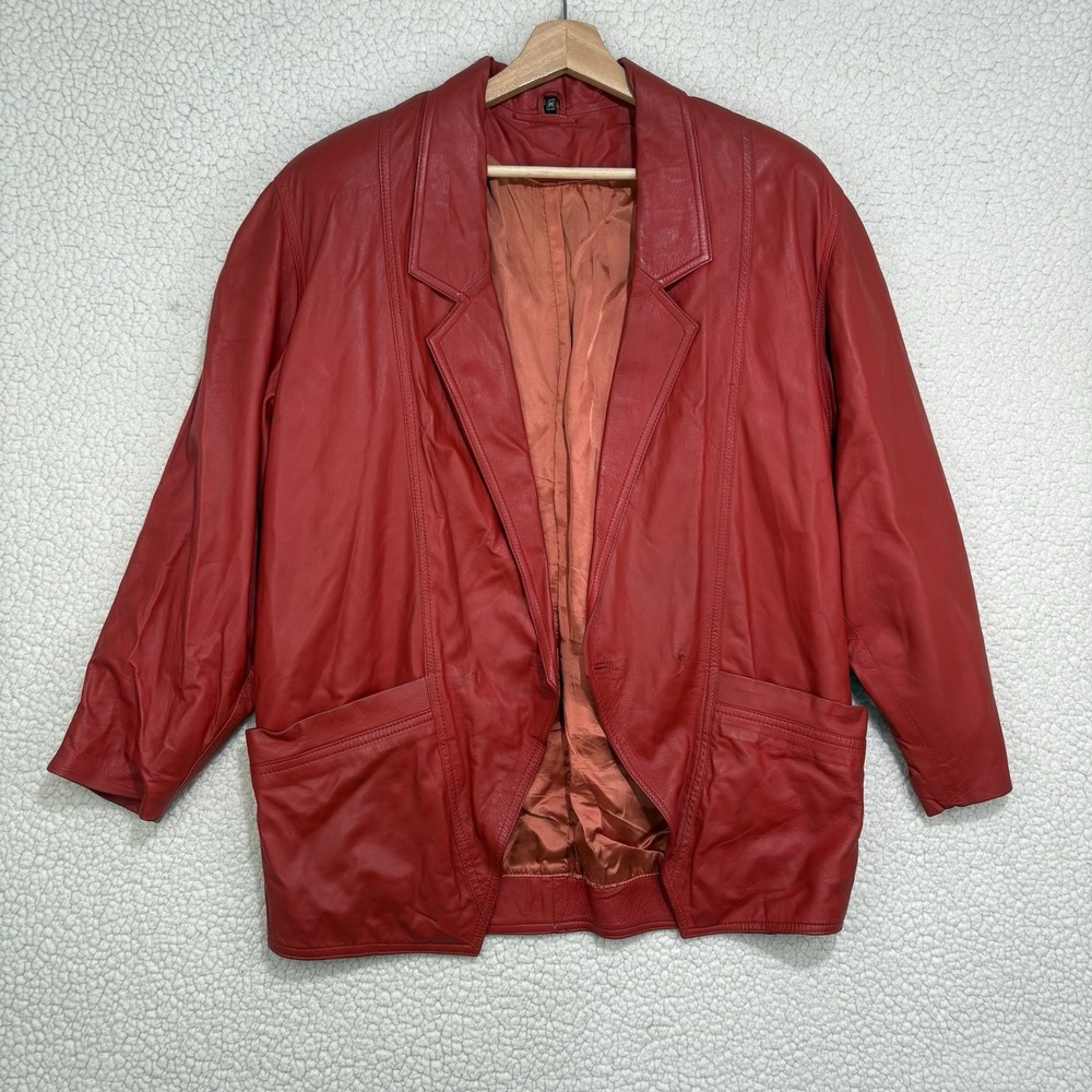 Vtg Red Genuine Leather Blazer Jacket Womens M Slouchy Boxy Oversized 1 Button